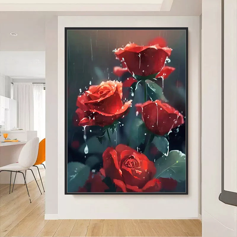 雨中玫瑰5d钻石画新款简约现代客厅卧室粘贴钻十字绣满砖石画花卉