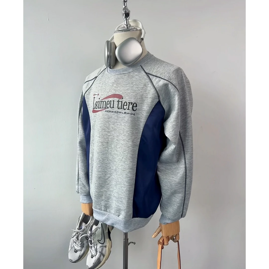 秋季美式小众情侣上衣oversize宽松复古印花撞色圆领卫衣女潮