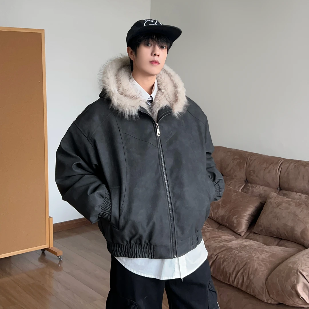 座山雕皮棉服宽松冬季加厚保暖连帽百搭潮流时尚潮PU皮棉衣三防