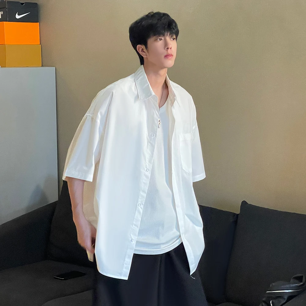 纯色短袖衬衫男宽松ins潮流百搭素色港风帅气小众设计感薄款衬衣