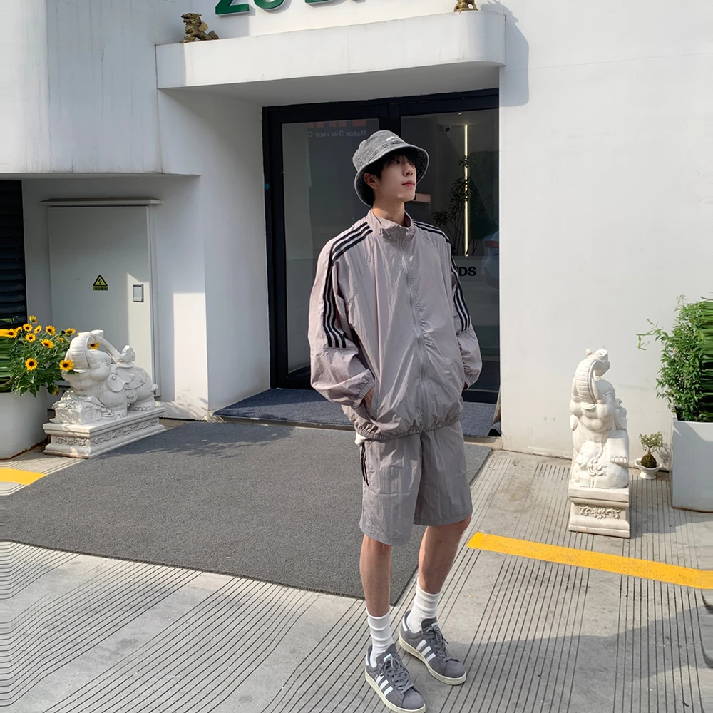 防晒套装长袖情侣夏季运动速干外套宽松潮流条纹立领防晒衣服潮