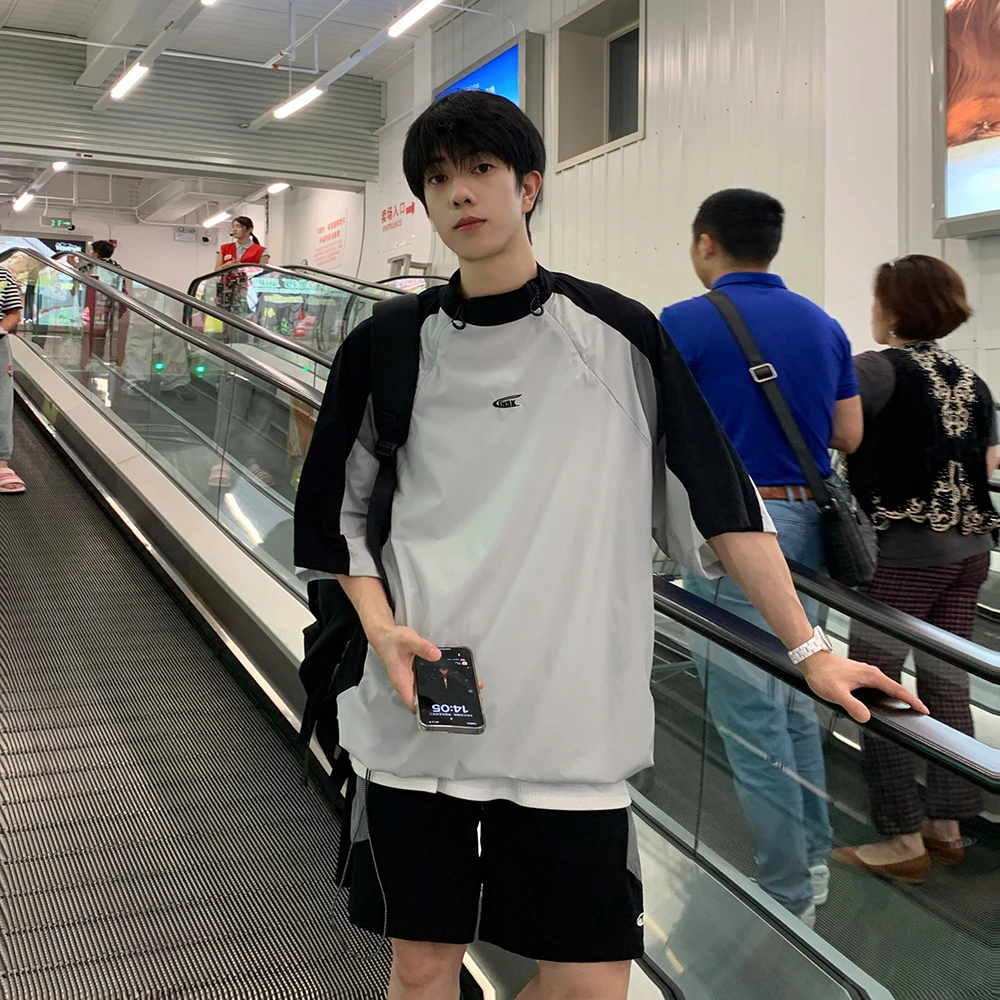 休闲运动套装百搭短袖短裤宽松潮流圆领ins撞色夏季半袖拼色潮牌