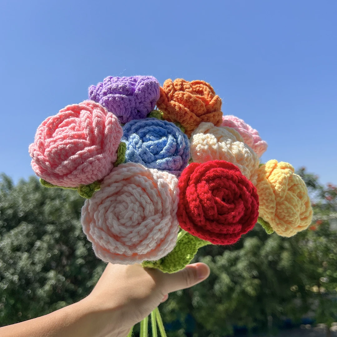 手工玫瑰花成品毛线针织钩针钩织花束渐变色情人节礼物