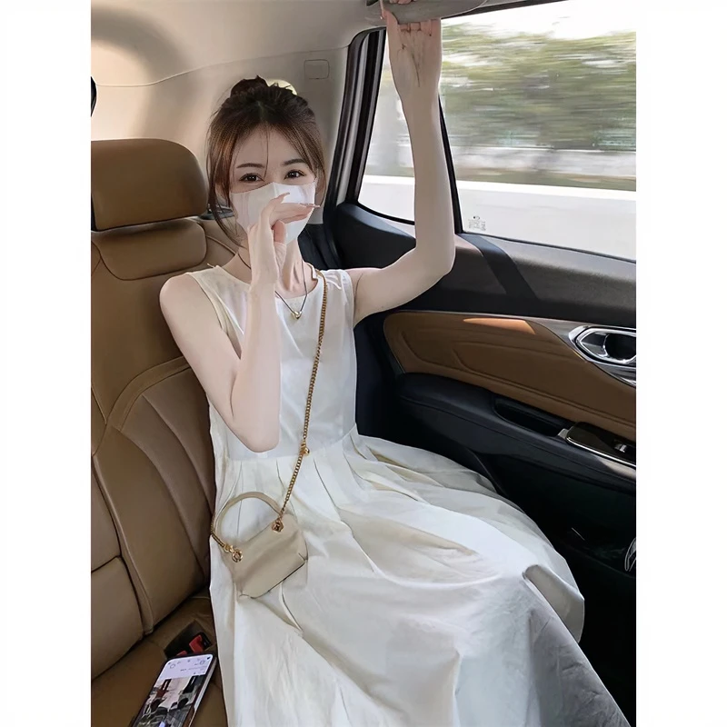 法式新款茶歇白色连衣裙女2023春夏小个子背心裙气质无袖打底长裙
