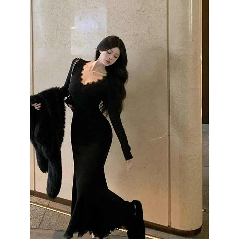 黑色V领蕾丝性感内搭长袖鱼尾连衣裙女秋冬收腰修身气质包臀长裙
