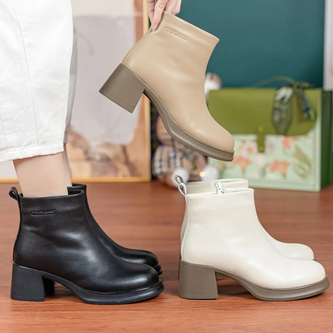 冬季百搭真皮圆头短靴2188英伦风加绒粗跟瘦瘦靴软底防滑方跟女靴