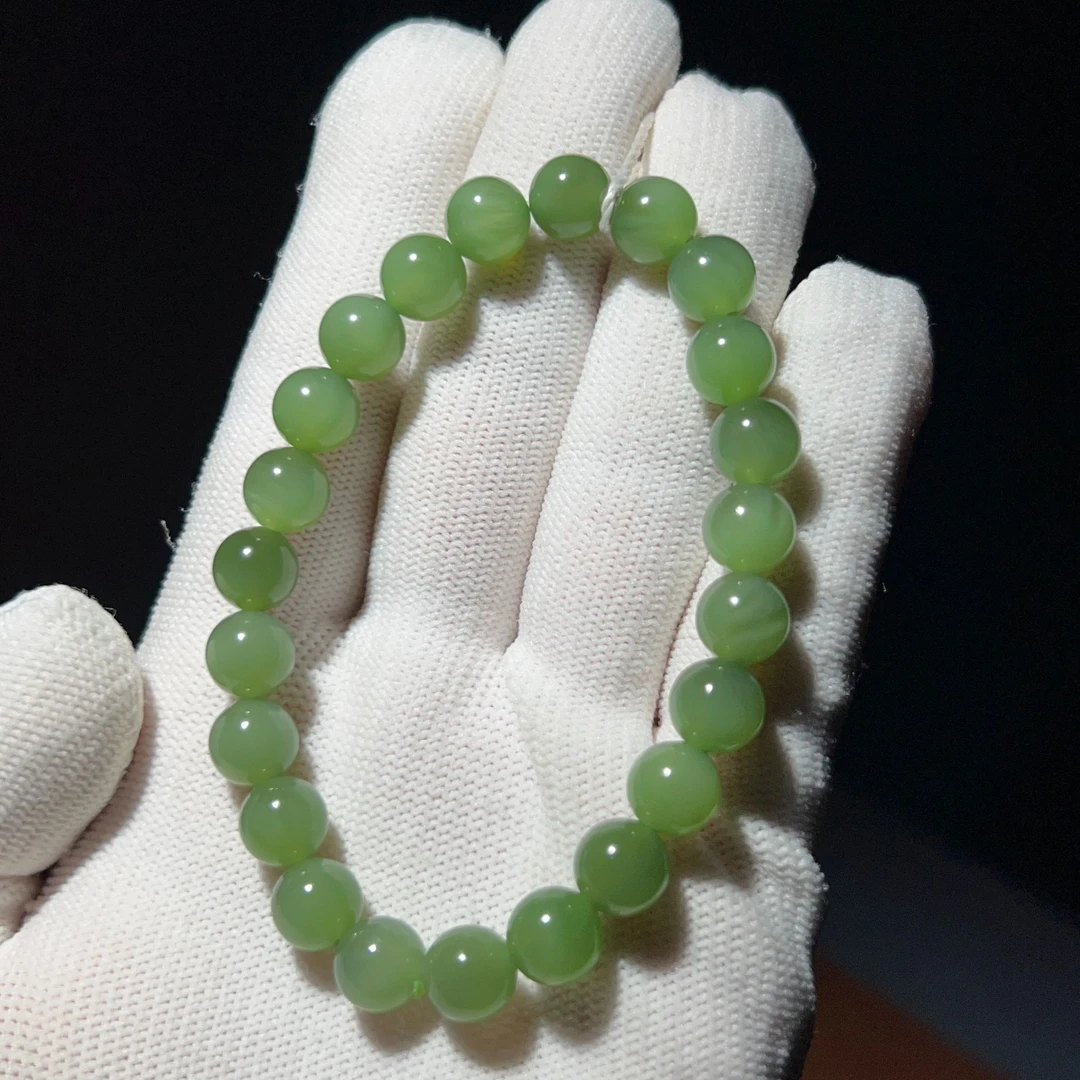 和田玉俄料碧玉粉青带猫眼8mm圆珠手串（轻微猫眼线）