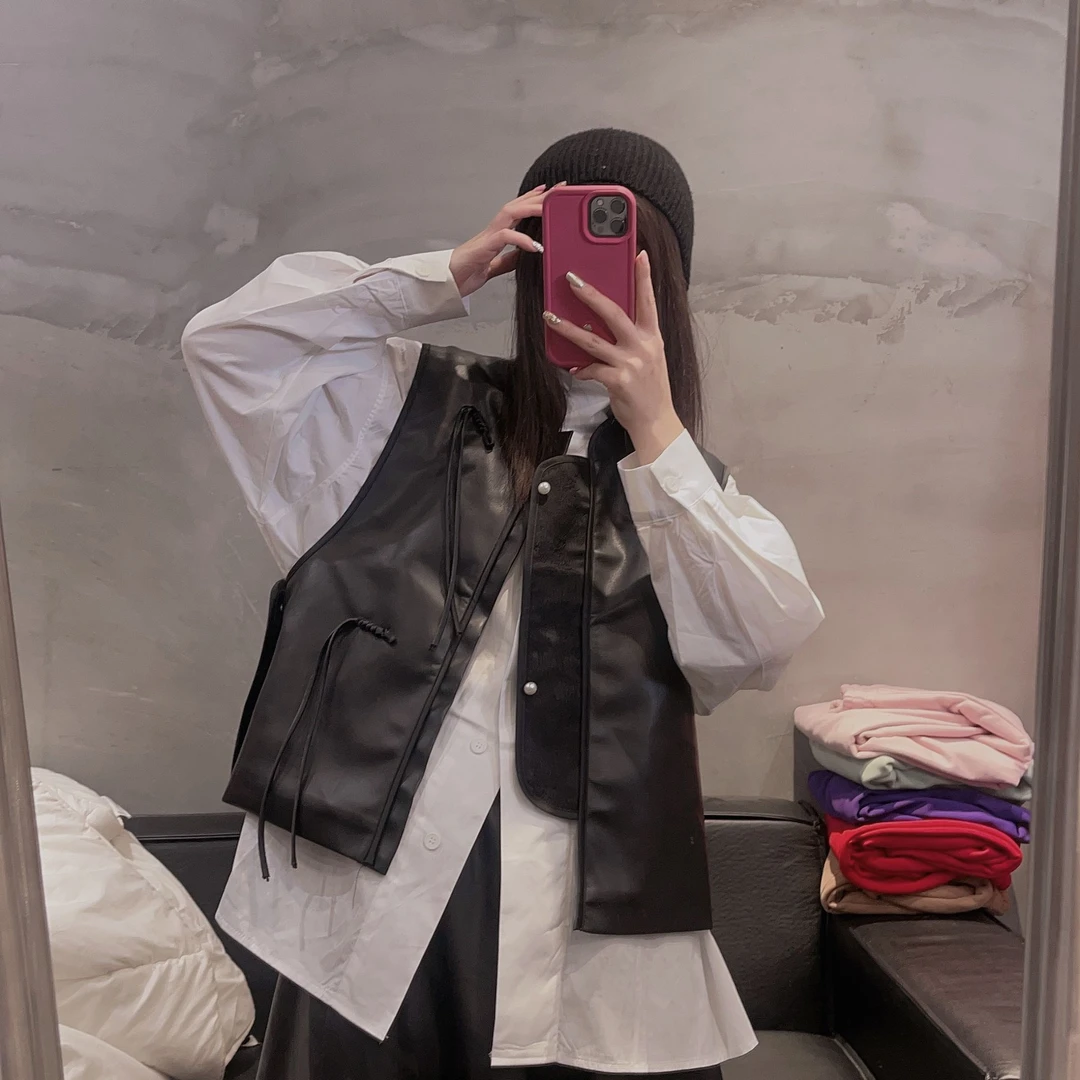 （老三）韩版中国风PU皮马夹女加棉立领盘扣宽松无袖坎肩百搭马甲