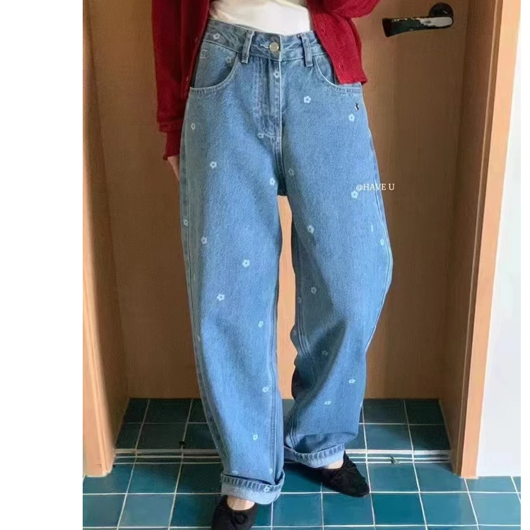 HAVE U 定制款小花牛仔直筒裤