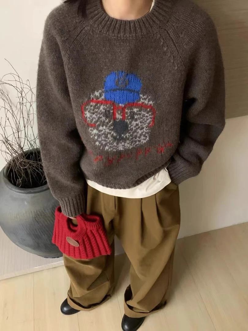 韩国HONE 套头眼镜小熊毛衣