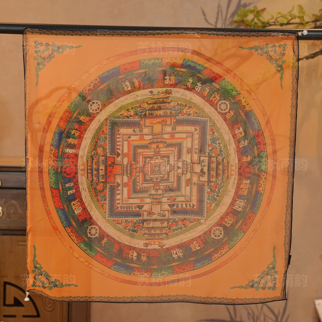 孤【D08-5唐卡】70*70双面轻奢时尚百搭女士黄色金色大方花丝斜丝巾