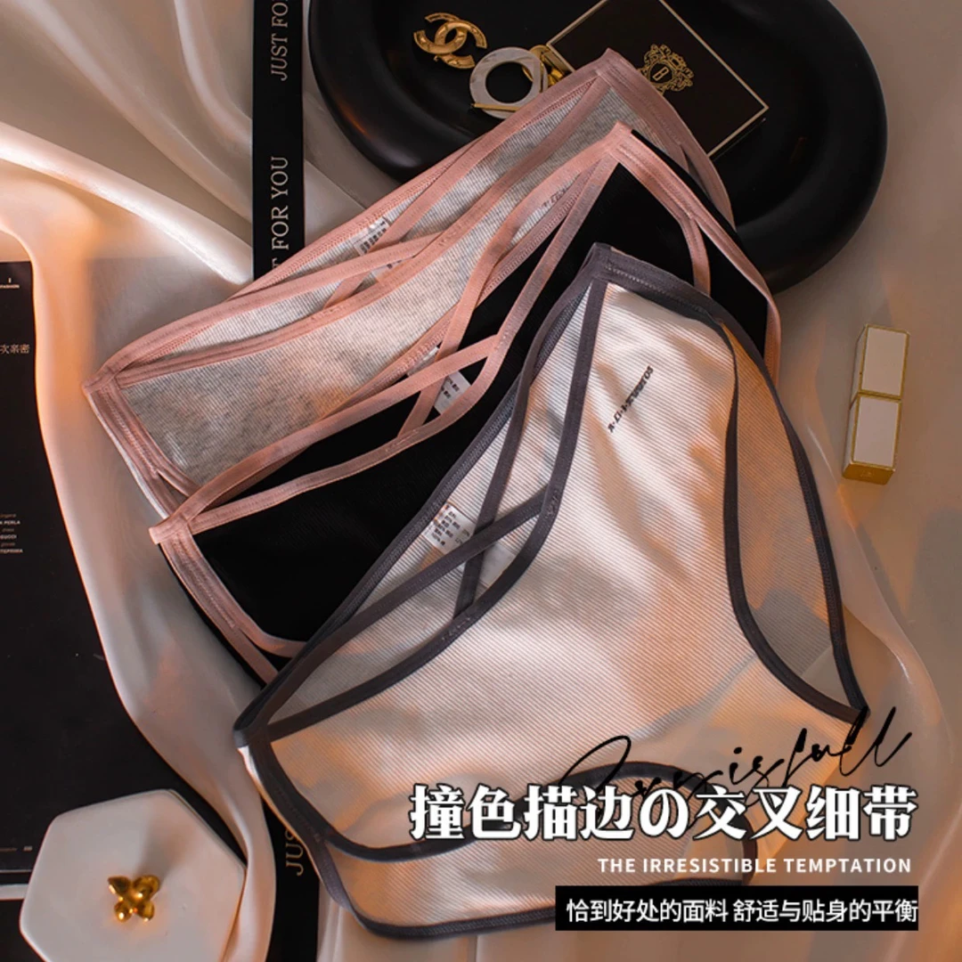 新款中腰内裤女款日系性感纯欲交叉细带螺纹中腰舒适ins三角内裤