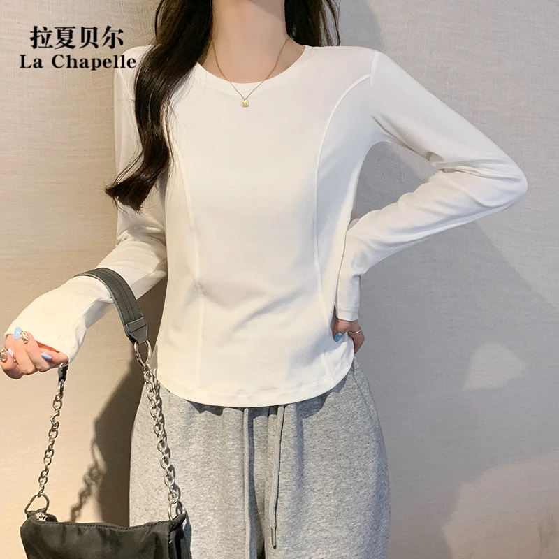 拉夏贝尔短款正肩春秋显瘦圆领长袖T恤修身设计感内搭上衣打底衫