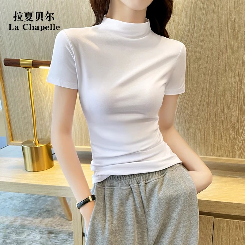 拉夏贝尔白色半高领短袖T恤女2025年春夏新款紧身半袖显瘦百搭
