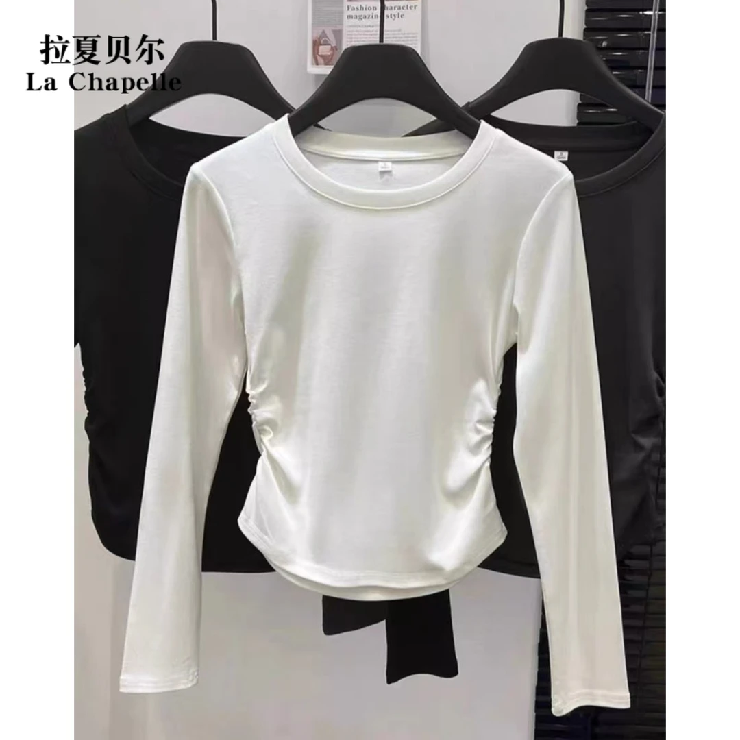 拉夏贝尔2023秋季正肩长袖T恤女洋气褶皱收腰打底衫内搭设计感小