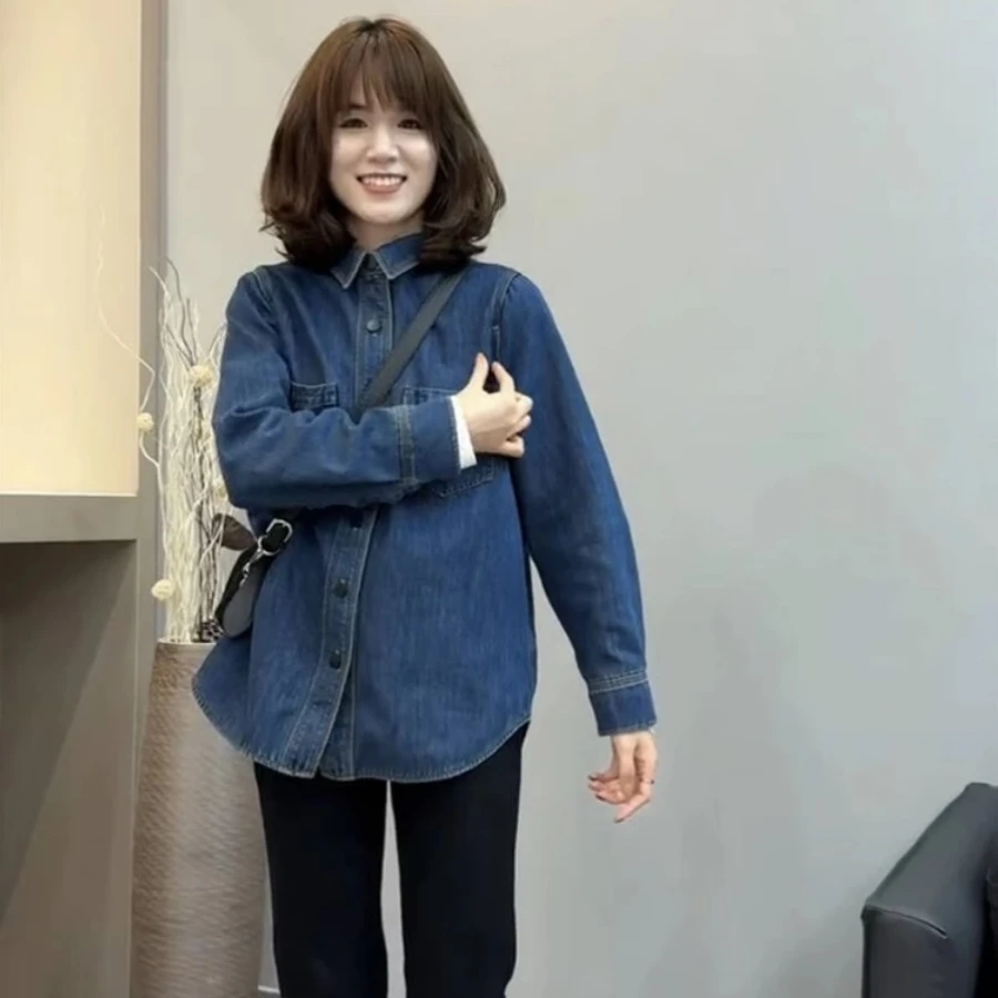 不卷边蓝色软牛仔衬衫女春季时尚内搭叠穿小个子衬衣休闲复古上衣