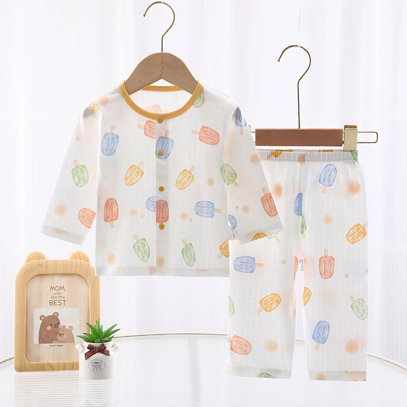 夏季薄款婴儿分体上衣裤子棉宝宝衣服儿童空调服睡衣套装学生童裝