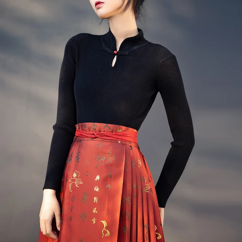 拟梦日常款打底衫【落玉盘】国风水滴立领盘扣针织打底衫旗袍领秋冬