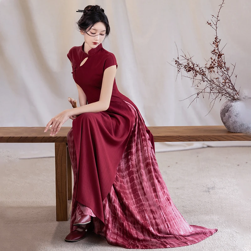 拟梦日常款新中式【绯色】国风原创酒红色旗袍新中式开叉连衣裙扎染