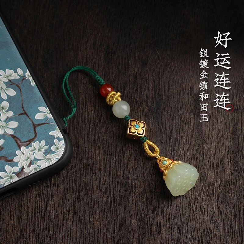 天然玉石莲蓬高档手机链挂绳好运连连手机挂件短款手机挂绳