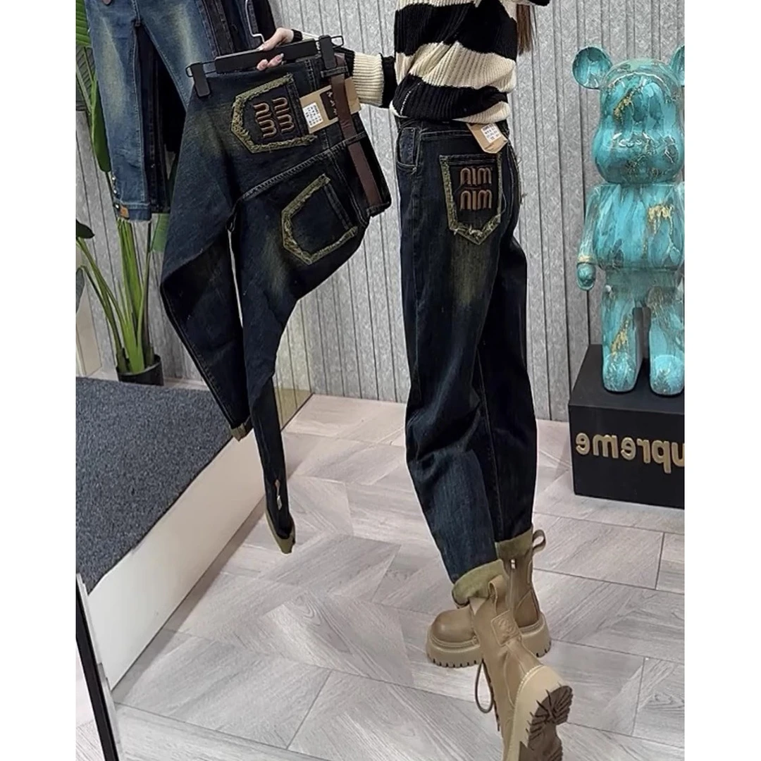 哈伦牛仔裤子秋季女2023年新款大码胖mm加绒加厚设计感复古老爹裤