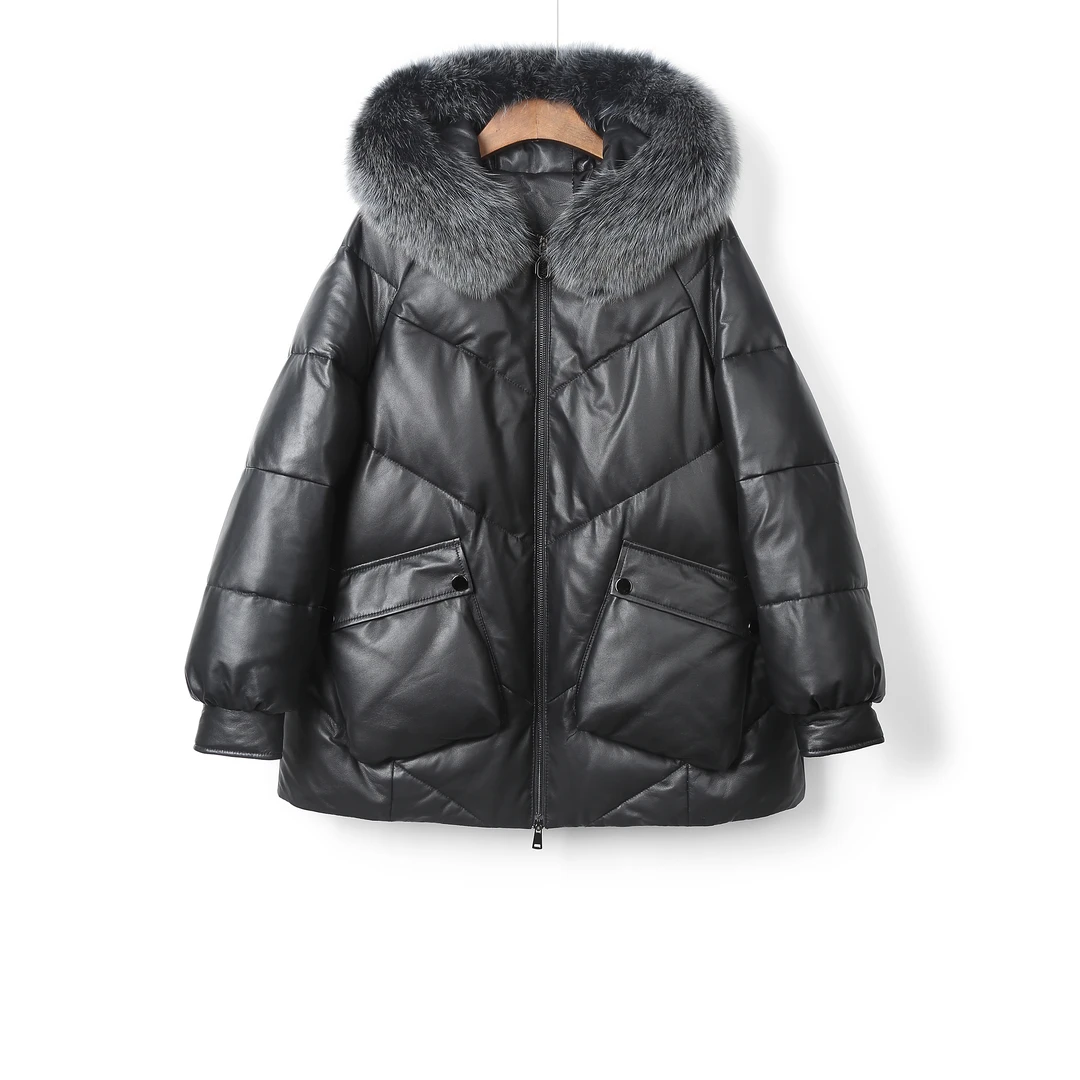 海宁真皮羽绒服短款2024冬季时尚新款绵羊皮狐狸毛皮衣皮草外套