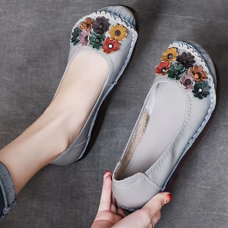 头层牛皮百搭超软牛筋底防滑浅口软底鞋孕妇女鞋平底中老年妈妈鞋