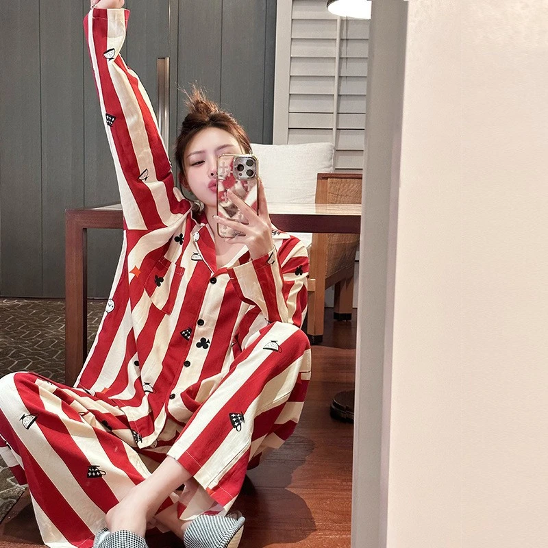 情侣条纹棉睡衣春秋季新款男女士长袖长裤家居服套装时尚舒适气质