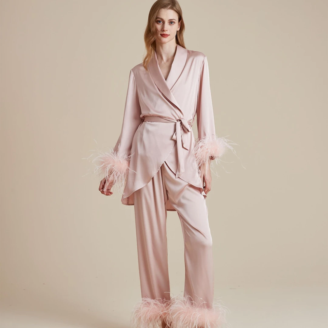 法式高级感鸵鸟毛睡衣气质女神系带家居服可拆卸羽毛吊带长裤长袖