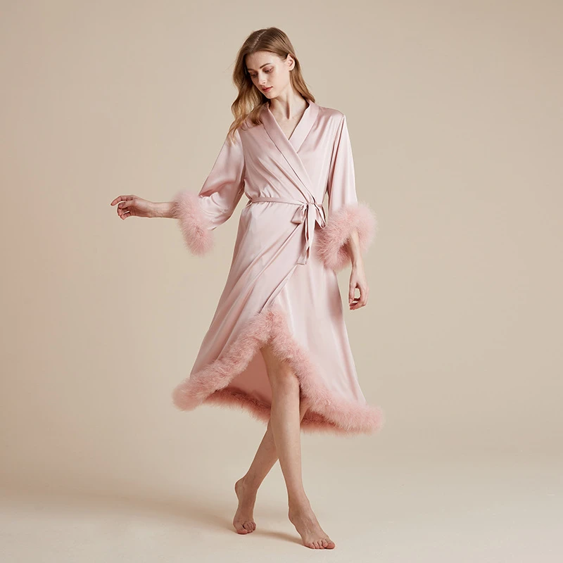 气质睡衣法式羽毛睡袍睡裙女粉色气质晨袍袖口可拆卸羽毛家居服