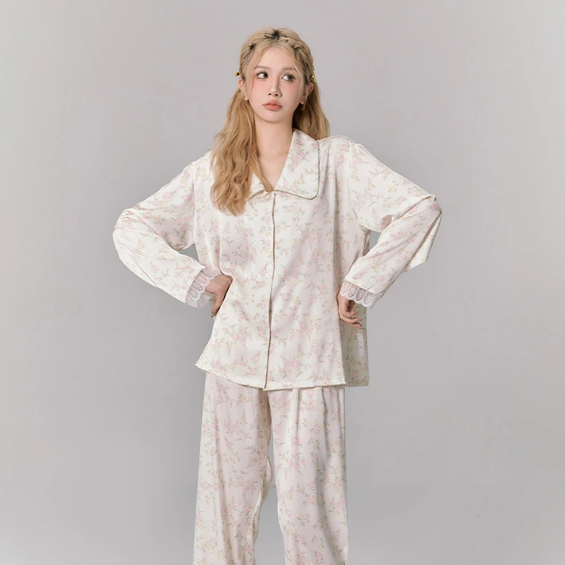 Rivance南法秋日长袖碎花睡衣夏季翻领休闲舒适少女家居服套装