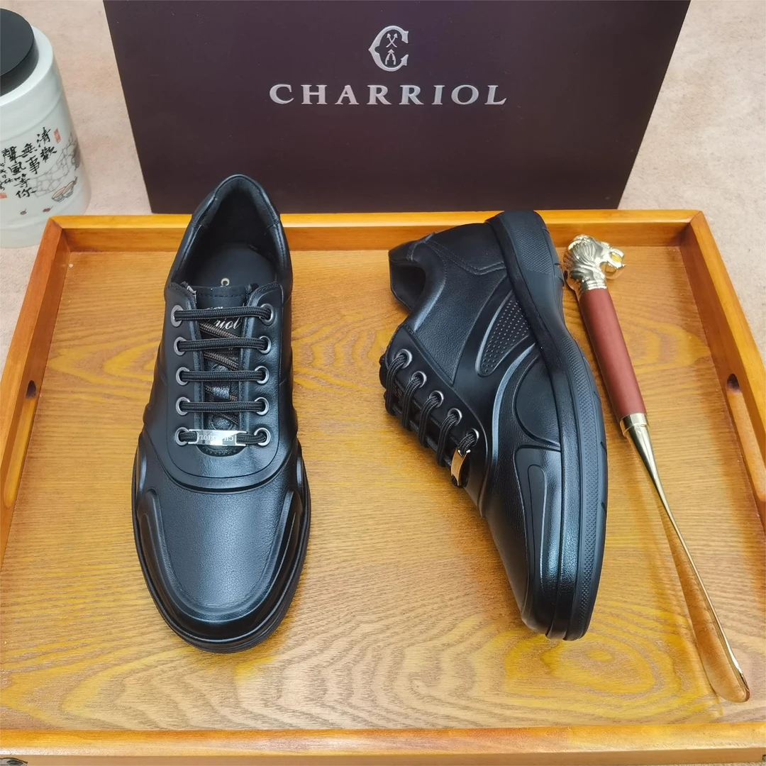 【夏利豪正品保障】1080男士运动百搭黑色真皮春季商务休闲鞋