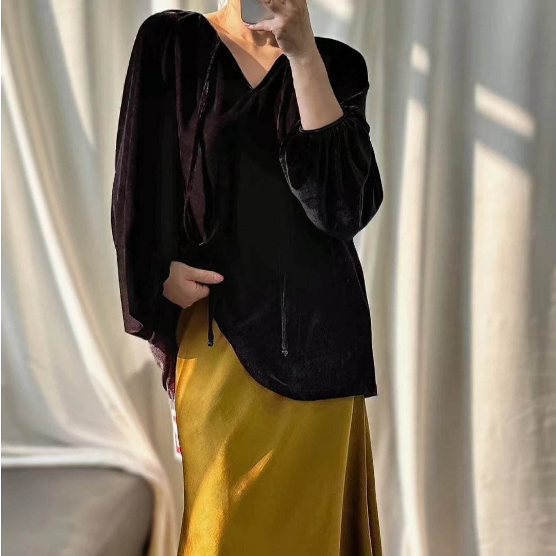 V领显瘦慵懒宽松丝绒上衣 1709