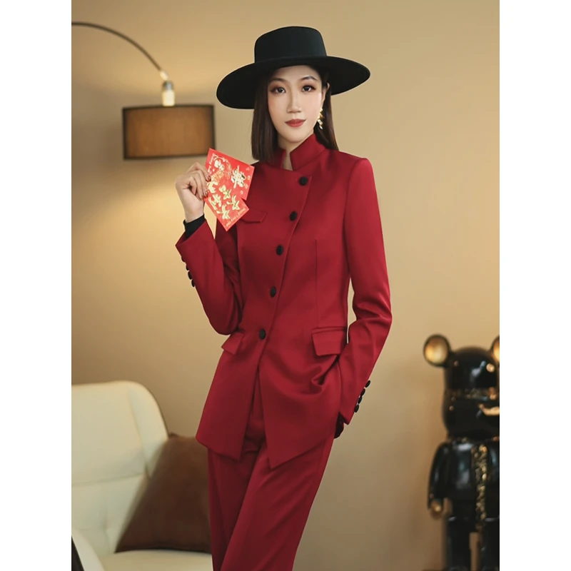 YAOYAO-2024秋季新年红色中山装设计师西服套装职业