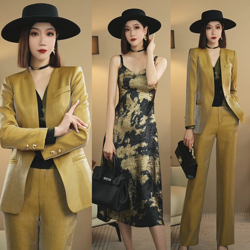 【CiCi小姐】2024秋季金色套装国风设计师系列时尚西装套装轻奢
