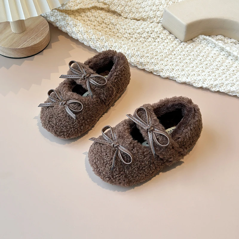 儿童韩版毛毛鞋2024冬季新款女童蝴蝶结保暖公主鞋软底保暖豆豆鞋