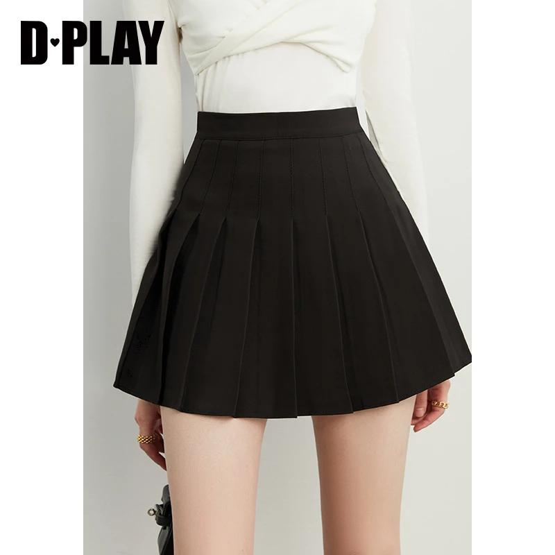 DPLAY【惠品】简约时尚经典黑高腰节毛呢短款百褶裙