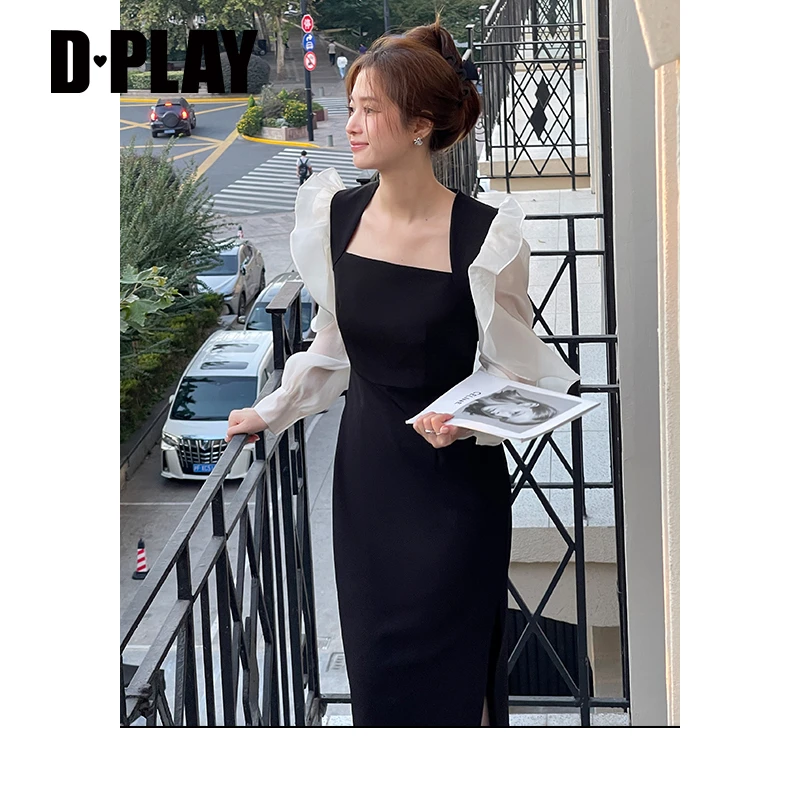 DPLAY2023冬气质优雅黑拼杏设计感美背波浪荷叶飞飞袖开衩连衣裙