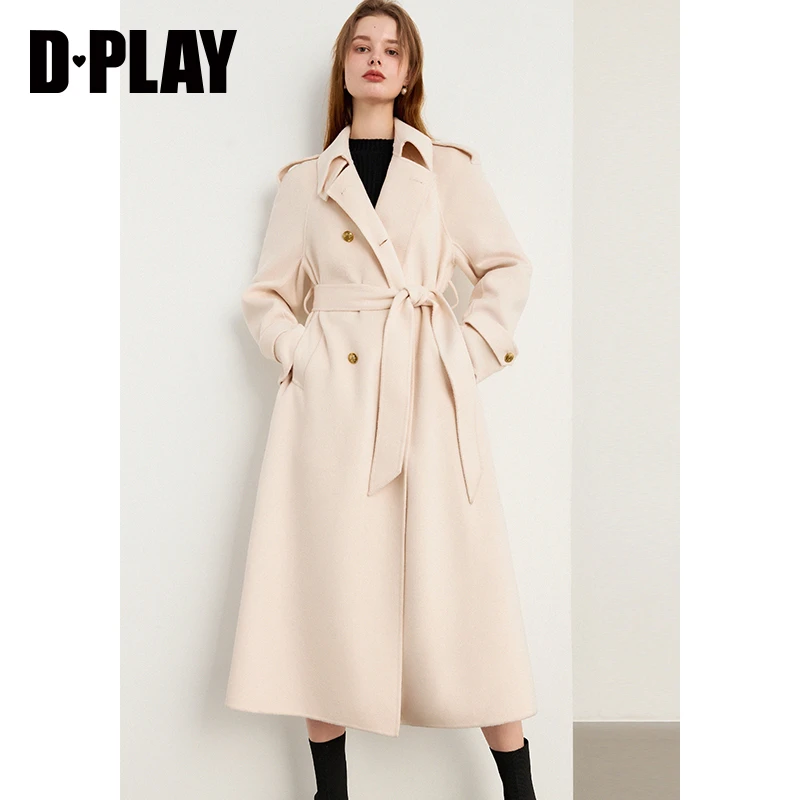 DPLAY【黑标】2023年冬装气质通勤经典翻驳领双排扣中长款大衣女