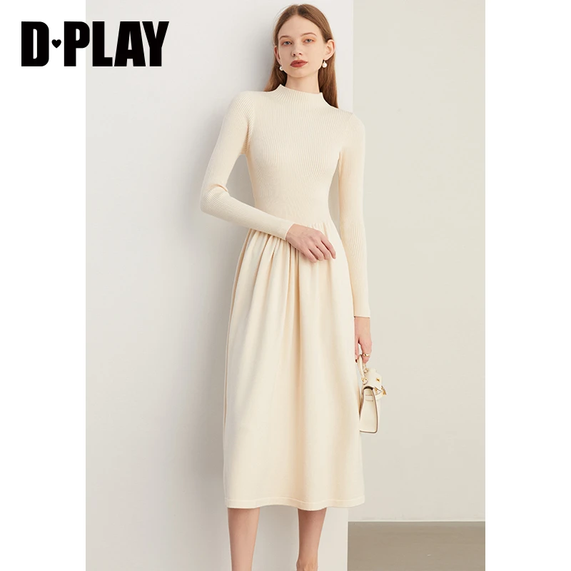 DPLAY2024春新优雅半高领修身长袖长款内搭针织连衣裙女