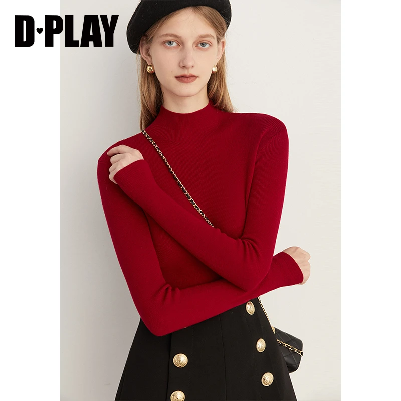 DPLAY2023年冬新气质通勤100全羊毛半高领长袖红色针织毛衣修身