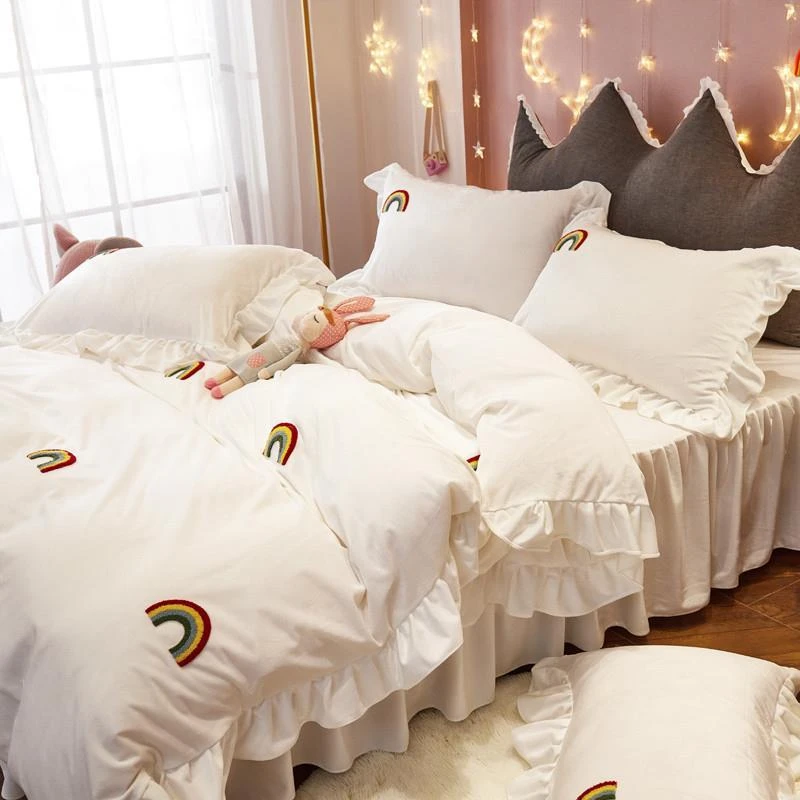 韩式公主冬季牛奶绒四件套珊瑚绒毛巾绣双面法兰绒床裙式加