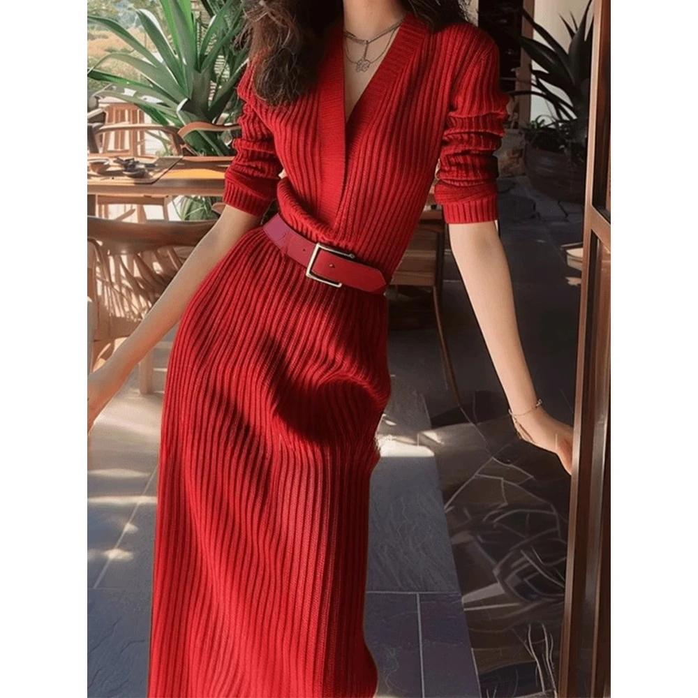 【法式穿搭】安可拉红色针织连衣裙女秋高级感气质轻奢修身长袖裙子
