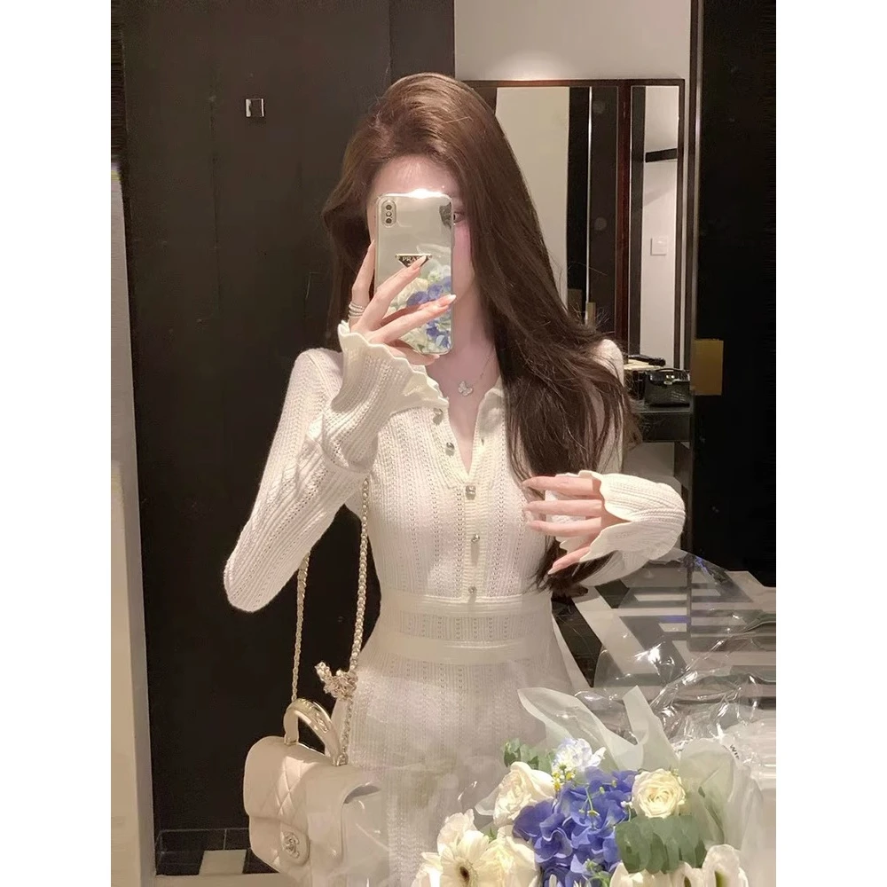 【熟女裙】法式小香风长袖针织连衣裙收腰修身显瘦打底内搭毛衣短裙