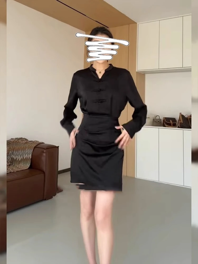 【东都国风】早春新中式国风盘扣黑色连衣裙女2024新款气质收腰短裙