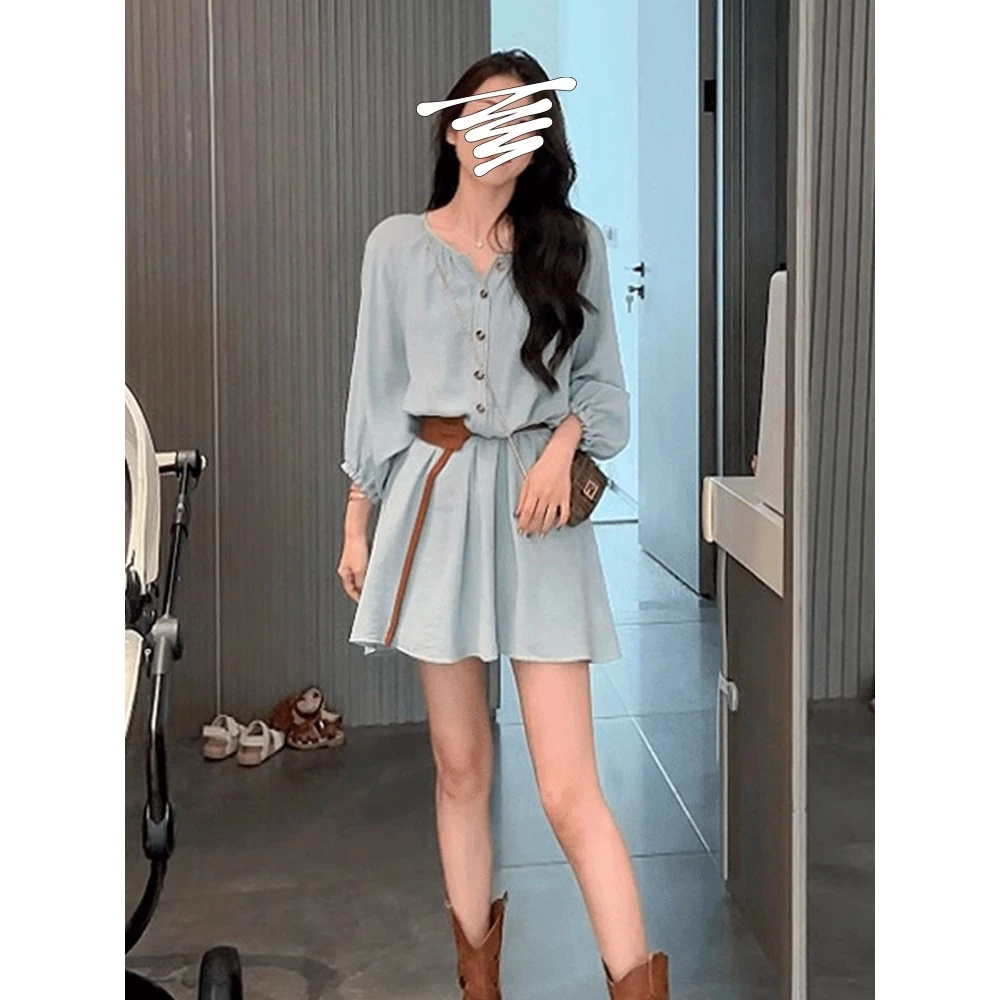 【济州晚风】慵懒风度假长袖连衣裙女收腰显瘦小众气质减龄休闲短裙