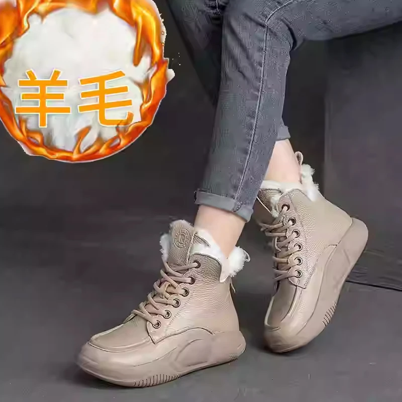 冬款头层牛皮保暖羊毛短靴厚底真皮高帮女棉鞋加绒马丁靴38296-6