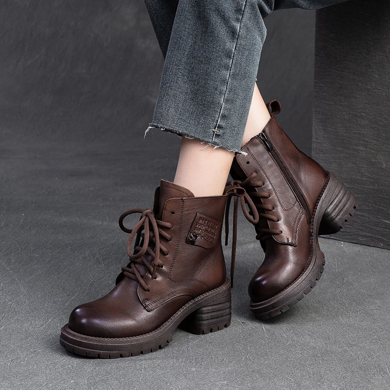 2622秋冬英伦风真皮马丁靴女高跟百搭牛皮短靴复古粗跟单靴机车靴