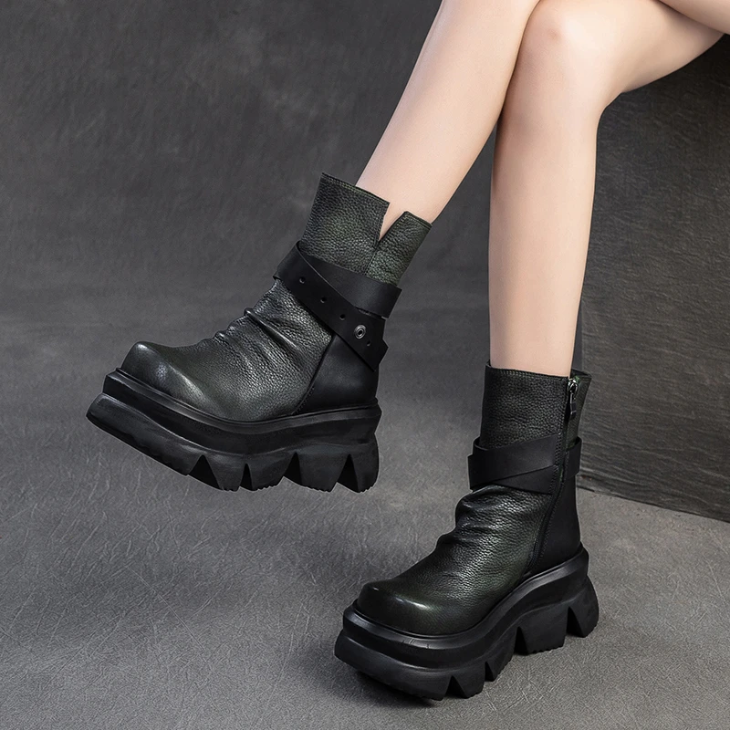 复古头层牛皮高端短靴女秋冬松糕厚底马丁靴时尚高跟真皮靴399-16