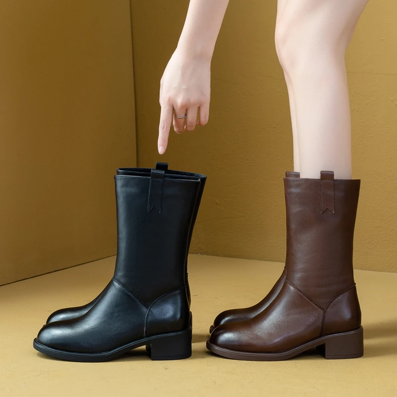 9886冬季真皮2025新款圆头粗跟加绒女靴防滑中跟骑士靴女中筒靴子